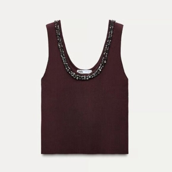 NWT Zara Jewel Beads Ribbed Knit Burgundy Top S - Picture 4 of 16